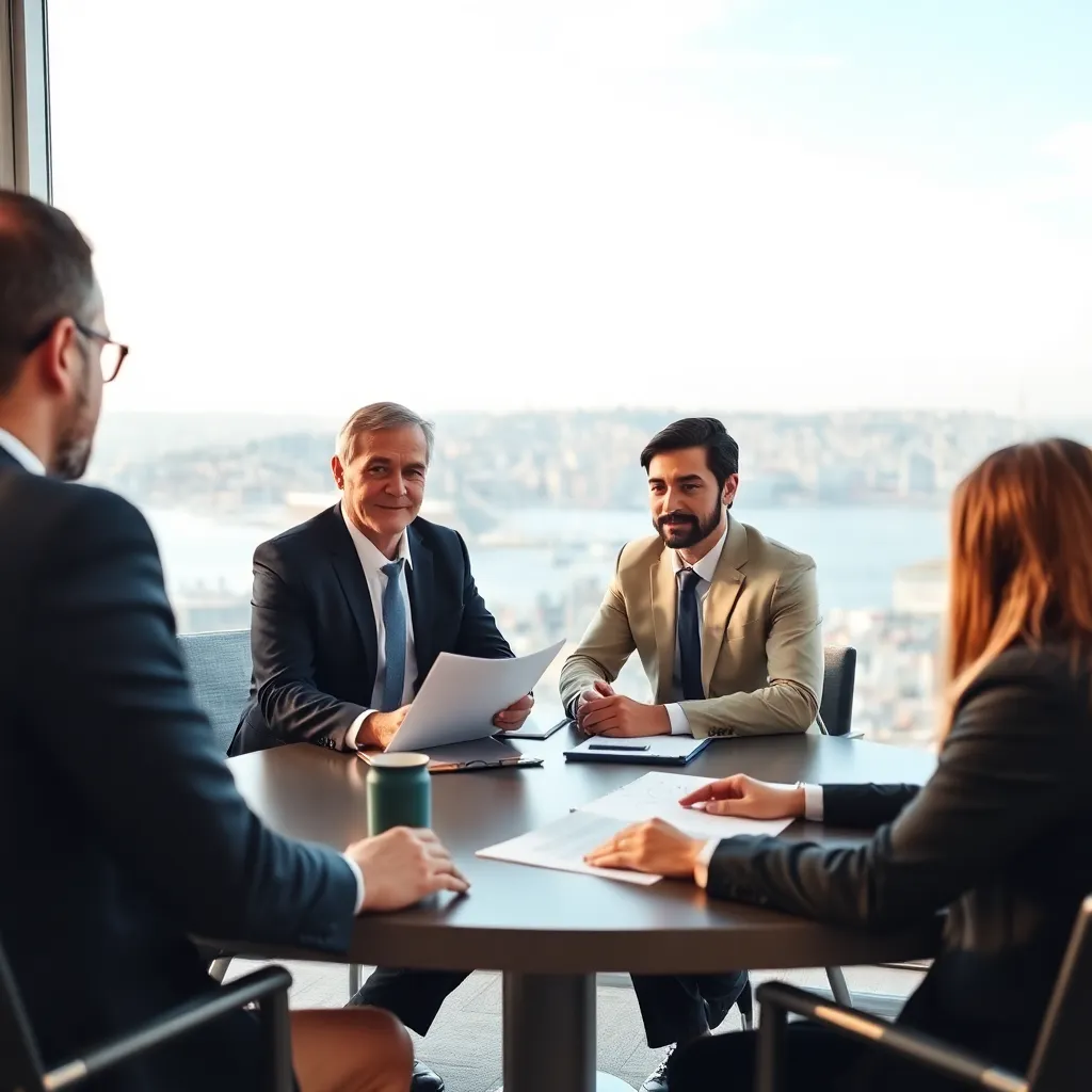 Finansal danışmanlar Türkiye'deki bir şirketin yöneticileriyle stratejik ortaklık planlaması yapıyor, İstanbul Boğazı manzaralı modern ofiste